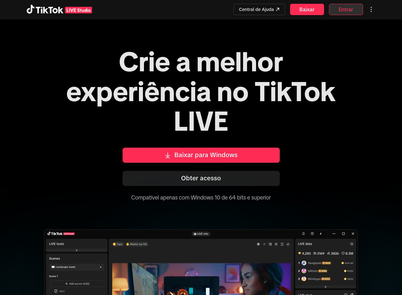 Interface do TikTok LIVE Studio